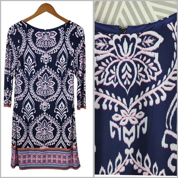 Vince Camuto Shirt Dress Size 6 Floral Party Navy Pink Stretch Professional - Picture 1 of 7